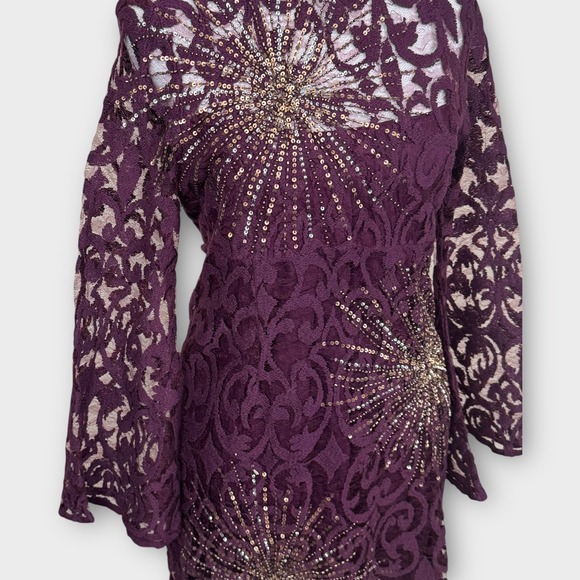 Free‎ People North Star Bell Sleeve Sequined Lace Plum Mini Dress Women's 4 - Picture 11 of 13